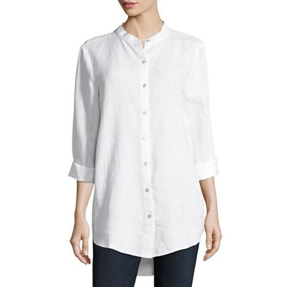 Eileen Fisher Tops - Eileen Fisher Irish Linen Mandarin Collar Tunic Shirt White XL Long Lagonlook
